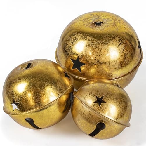 Image of KI Store Oversized Jingle Bells Set of 3 Gold Metal Bells 15cm 12cm 10cm for Christmas Decorations Xmas Tree Garland Wreath Decor