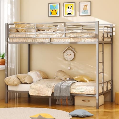 Image of Bonnlo Metal Bunk Bed, Single over Single Loft Bed Frame with 38cm High Full-Length Guardrail & Non-Slip Ladder, Space-Saving Twin Over Twin Bunk Bed, High Sleeper Bed Frame for Kid Teens Adults, Grey