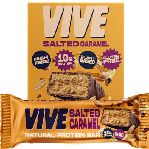 Image of Vive Vegan Protein Salted Caramel Bar - 100% Plant Based High Protein - Natural Sugar Chocolate Coated Snack - Pack of 12