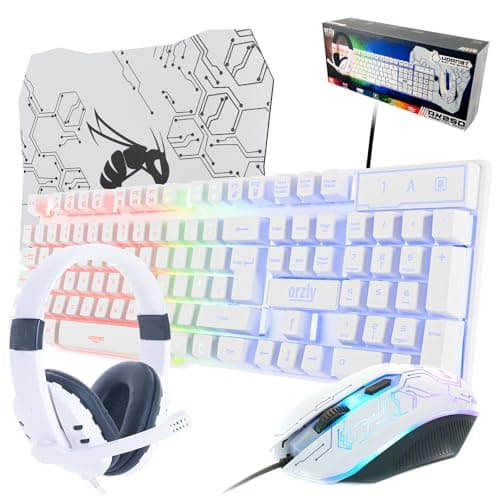 Image of Orzly Gaming Keyboard and Mouse and Gaming Headset & Mouse Pad, Wired LED RGB Backlight Bundle for PC Gamers Users - 4 in 1 White Edition Hornet RX-250