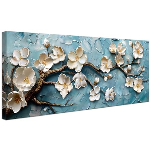 Image of Framed Large Canvas Wall Art For Living Room White Flowers Floral Painting Wall Decor For Bedroom Luxury Abstract Blue Picture Poster Canvas Print Dining Room Office Artwork Hotel Home Decor 50x120cm