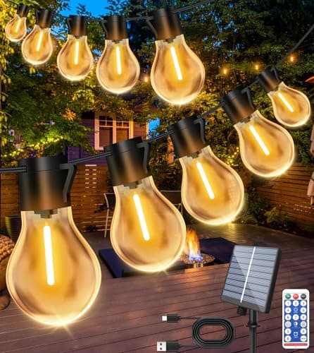 Image of Solar Festoon Lights Outdoor, 15M/50FT Solar String Lights Outdoor Garden, 20 Shatterproof Bulb Light with USB Port & Remote Control IP65 Waterproof Outside Garden Lights for Party,Backyard,Patio