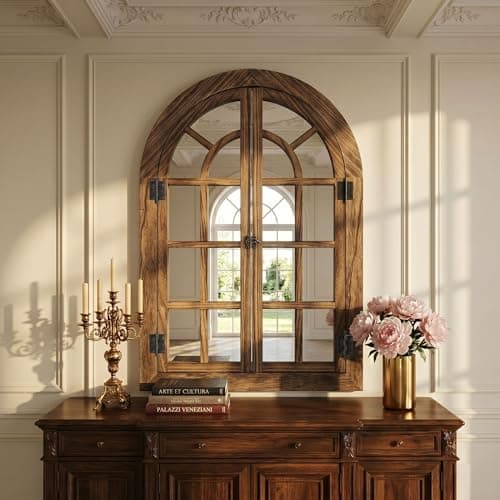 Image of Fahomiss Windowpane Wall Mirror with Wooden Frame, Arched Window Design for Living Room & Entryway, Vintage Cottage Style