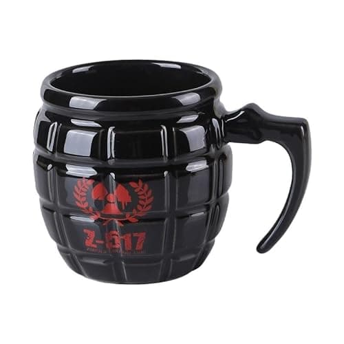 Image of hsyomgcs Military Grenade Shaped Ceramic Coffee Mug, Black with Red Design, 8.8x10x14cm, Novelty Handle Cup (Black)