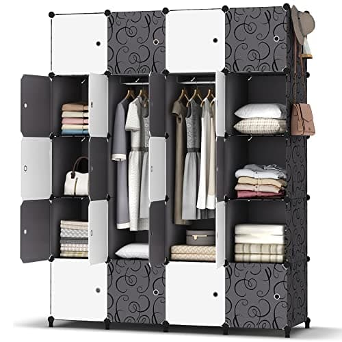 Image of HOMIDEC Portable Wardrobe 20 Cube Closet with 3 Clothes Hanging Rails, 14"x18" Deeper Cube Combination Armoire Modular Cabinet Storage Organizer for Bedroom Clothes Shoes Toys, Black and White