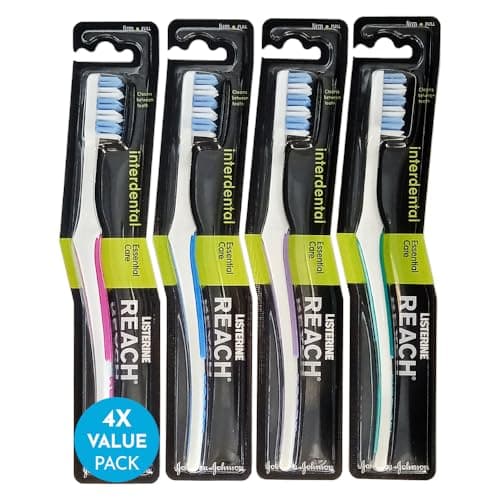 Image of REACH Essential Care Interdental Firm Toothbrush, Single Pack x 4, Full Head Hard Bristle Manual Toothbrushes, Variety Colors Multipack, Daily Oral Enamel Dental Care