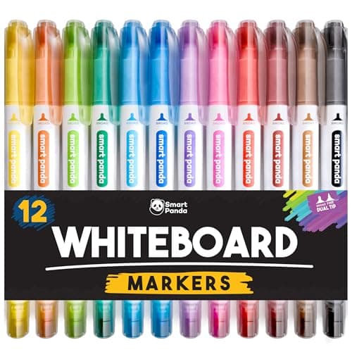 Image of Smart Panda 12 Whiteboard Pens Dual Tip, Thin White Board Markers Erasable, Broad and Fine – Dry Erase Marker Pens, Colour Dry Wipe Markers – 12 Set