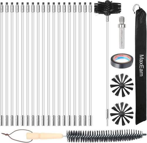 Image of MaxEarn 24Pcs Chimney Cleaning Brush Kit, Chimney Sweep Kit with 18 Flexible Nylon Rods+ 6" Brush Head+ Wood Long Brushes+ Storage Bag, Duct Vent Cleaning Set for Flue Fireplace Sewage Pipe Fume Hood