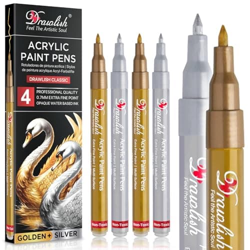 Image of Acrylic Paint Pens - Metallic Marker Pens 2 Gold & 2 Silver Acrylic Pen - Set of 4 Paint Markers 0.7mm Extra Fine Tip - Ideal for Fabric, Glass, Wood, Canvas, Ceramic, Porcelain, Rock Painting