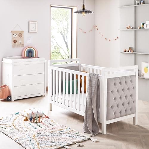 Image of Babymore Velvet Deluxe 2 Piece Nursery Room Set - 1 Baby Cot Bed & 1 Chest Changer With 3 Double Handle Drawers, Wooden Chest Of Drawer Storage Cabinet With Removable Changer Top | Bedroom Furniture