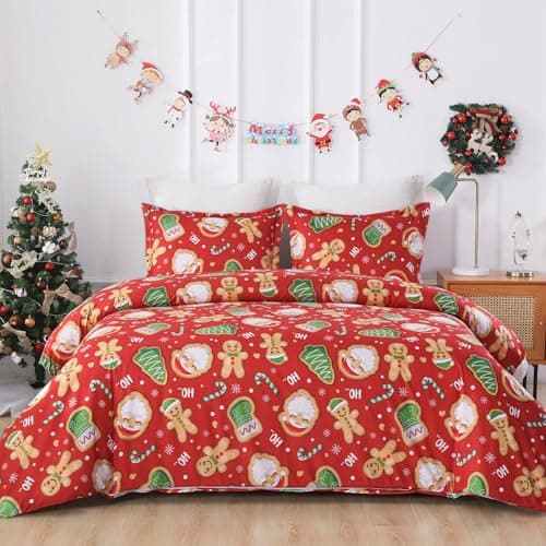 Image of Vaulia Lightweight Microfiber Duvet Cover Set, Senta Socks Gingerbread Man Candy Cane Pattern Design Christmas Holidays, Red Color - King