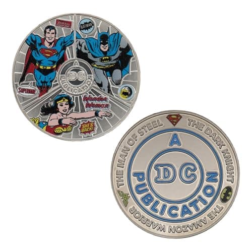 Image of FaNaTtik DC Comics Legends Limited Edition Collector's Coin featuring Superman, Batman, and Wonder Woman