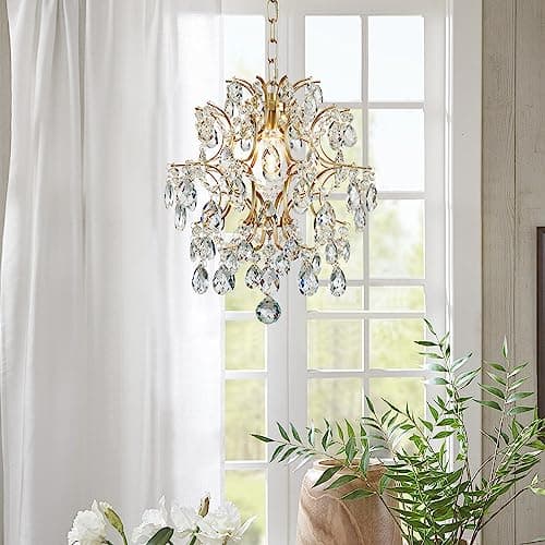Image of BESTIER Gold Modern Pendant Chandelier Crystal Raindrop Lighting Ceiling Light Fixture Lamp for Dining Room Bathroom Bedroom Livingroom 1 E27 Bulbs Required D32cm x H40cm