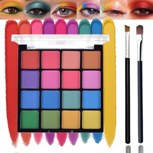 Image of 16-Colour Rainbow Eyeshadow Palette with 2 Brushes - Matte Shimmer Glitter Finishes - Colourful Pink Blue Green Purple Yellow Shades - Waterproof Long Lasting Easy Blend Makeup for Women (Colorful)