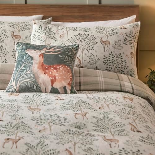 Image of Dreams & Drapes Forest Deer Duvet Cover – Double Size 200x200cm – Reversible Flannelette Bedding – 100% Cotton – Woodland Scene in Natural – 2 Pillowcases – Soft Christmas Bedding Set