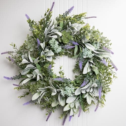 Image of Perfnique Spring Summer Wreaths for Front Door, 50 cm Lambs Ear Wreath with Lavender Flowers and Eucalyptus Leaves, Green Artificial Wreath for Door Window, Farmhouse Wreath for Wall Decor (Lavender)
