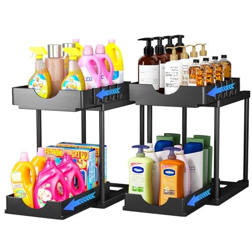 Image of PurKeep 2 Pack Under Sink Storage - 2 Tier Sliding Kitchen Storage and Organisation Cupboard Organiser, Under Sink Shelf, Under Cabinet Organizer with Hooks, Bottom Slide Out Basket, 2 L Black 