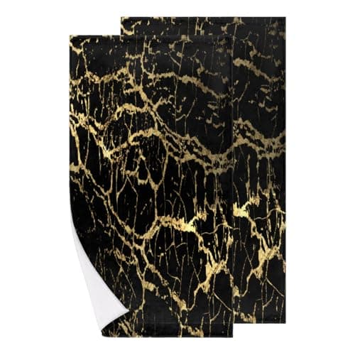 Image of Mexpekil Black Gold Glitter Marble Hand Towels Set of 2, Super Absorbent Highly Bath Beach Face Towels for Bathroom Kitchen Hotel Gym Home Travel Fitness Spa Pool, 72 x 36.5 cm