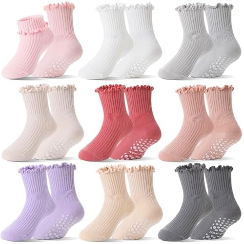 Image of Welwoos Baby Girls Toddlers Frilly Grips Socks Non Slip Soft Cotton Ruffle Crew Anti Skid Socks 9 Pairs for School Uniform Stocking Fillers(Assorted Color,5-8 Years)