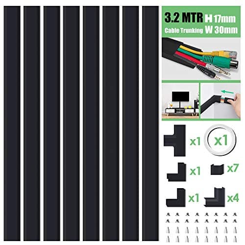 Image of MUDEELA Cable Trunking Kit, Cable Concealer, Cable Tidy Cable Raceway, Cable Management Kit for Home Office - 8X L400mm, W30mm H17mm, Black