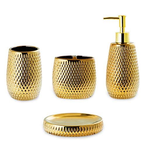 Image of Gold Bathroom Accessory Set 4 Piece Ceramic Bath Accessories Sets Complete, Rain- Drop Shaped Bathroom Essential with Toothbrush Holder & Dish, Tumbler, Soap Dispenser Set for Bath Decor