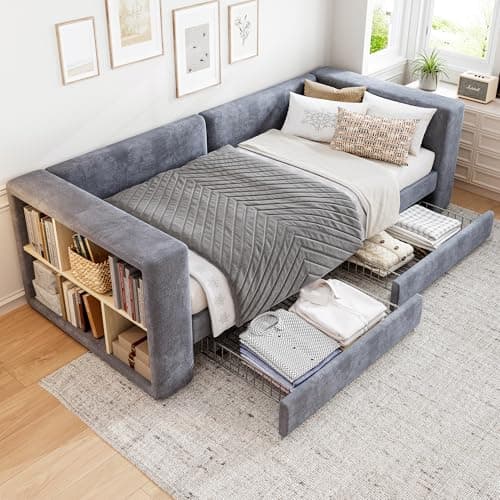 Image of Daybed with 2 Storage Drawers and Bookshelf, 3FT Single Functional Upholstered Storage Bed 90x190 cm, Guest Bed Sofa Beds Youth Beds For Adults & Teenagers, Velvet, Grey, No Mattress, Easy Assembly