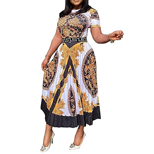 Image of VERWIN Print Mid-Calf Short Sleeve High Waist Women's Maxi Dress M Brown