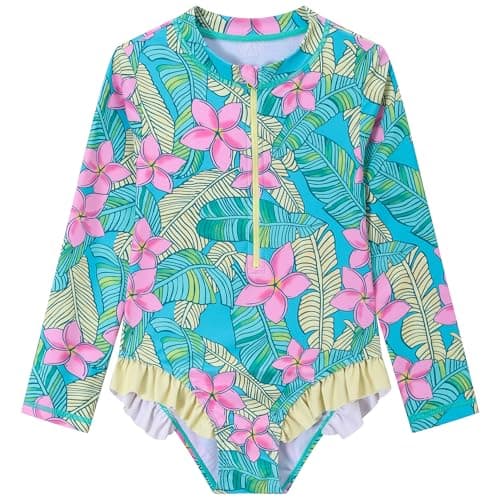 Image of Ewbob Girls Swimsuits Cute Kids Swimsuits Costume Quick Drying One Piece Beach Swimwear with UPF 50+ for 5-14 Years old-C25-005-Green PinkFlower-7-8Y