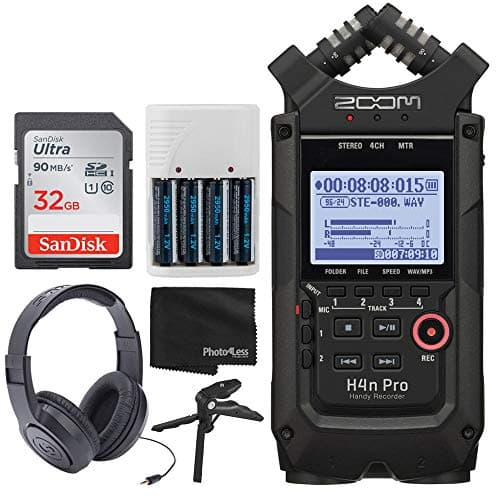 Image of Zoom H4n Pro 4-Input/4-Track Portable Handy Recorder with Onboard X/Y Mic Capsule (Black) + 32GB Memory Card + Table Tripod Hand Grip + 4 AA Batteries and Charger, ZH4n
