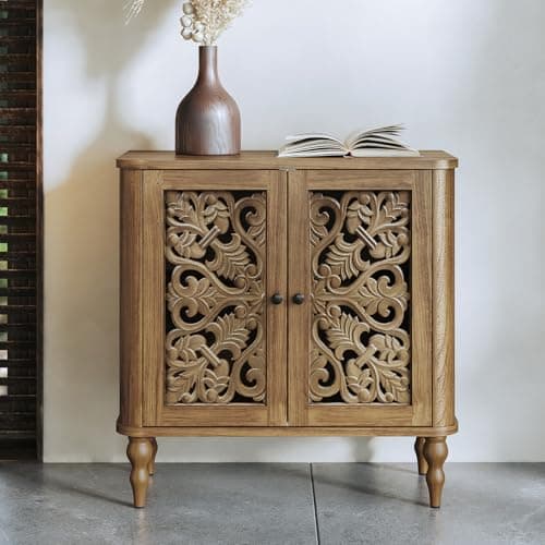 Image of HOLTICO Sideboard Cabinet with 2 Doors, French Country Hollow Floral Carved Accent Cabinet, Walnut Wooden Buffet Storage Sideboards for Living Room, Dining Room, Hallway