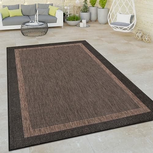 Image of Paco Home Indoor & Outdoor Flat-Weave Rug Modern Border Oriental Motif Brown, Size:120x160 cm