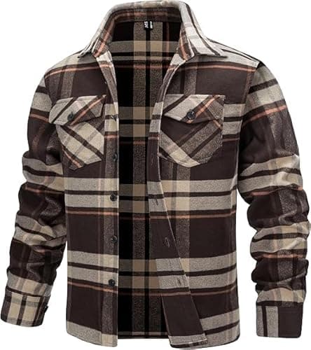 Image of TACVASEN Flannel Jackets for Men Cotton Shirts Spring Fall Long Sleeve Button Down Shacket 2 Pockets Yellow Brown XXL