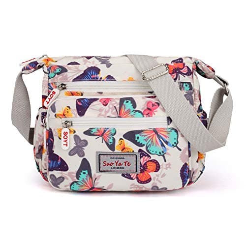 Image of Womens Multi-Pocket Casual Crossbody Handbags Waterproof Flowral Printed Shoulder Nylon Bags Travel Messenger Bags (Butterfly-White)