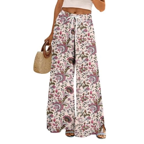 Image of Wide Leg Boho Palazzo Trousers for Women Elasticated Waist Flowy Pants with Split Hem Loose Fit Breathable Bohemia Summer Trousers Ladies Lounge Pants for Beach Travel Watermelon Red