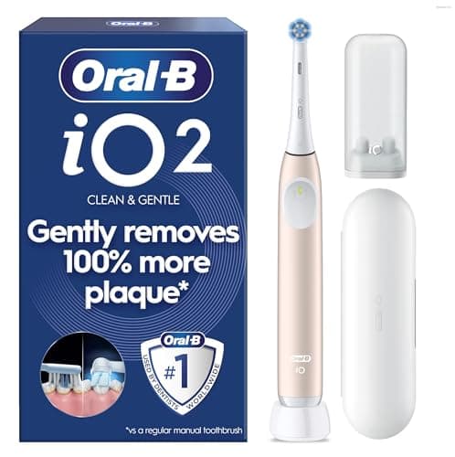 Image of Oral-B iO2 Electric Toothbrush for Adults, 1 Handle, Calm Pink - 1 Gentle Care Brush Head, Travel Case, Travel Refill Holder, Designed by Braun, UK Two Pin Plug