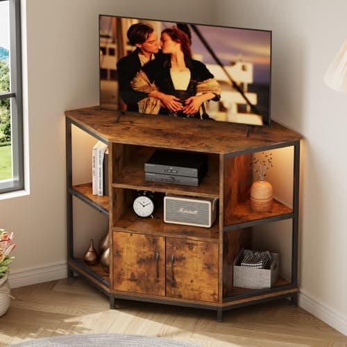 Image of Dripex Vintage Design TV Corner Cabinet with LED Lighting, Corner TV Unit Stand Table with 2 Doors and Shelves Entertainment Center Media Console for Living Room, 105 x 50 x 79 cm
