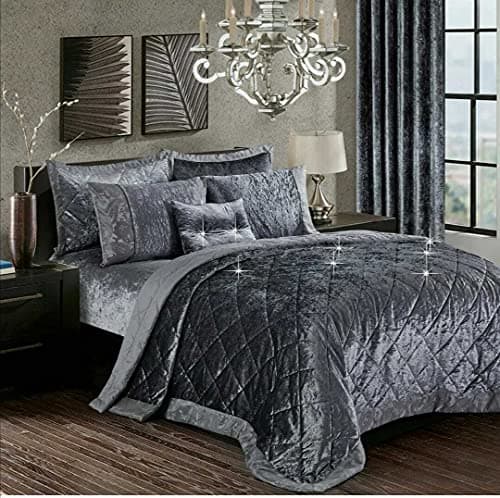 Image of Best Linen Crushed Velvet Quilted Bedspread Bed Throw 3 Piece Santiago Super Soft Comforter Bedding Set with 2 Pillow Shams (Santiago Grey, King)