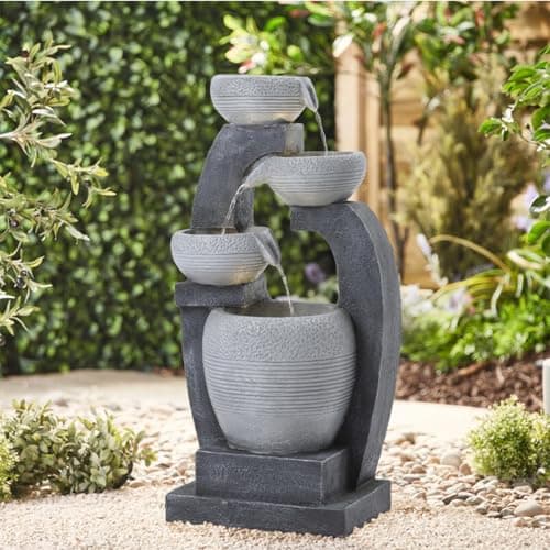 Image of Warmiehomy 63cm Water Feature Solar Powered, 4 Tier Textured Cascading Solar Water Feature Waterfall with Pump & LED Lights Garden fountains for Outdoor Water Features, Grey