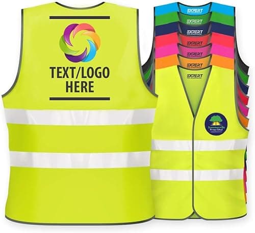 Image of Expert Workwear Unisex Personalised Kids High Visibility Safety Vest Children Hi Vis Printed Waistcoat Reflective Jacket Lightweight EN1150 (Yellow, 10-12 Years)