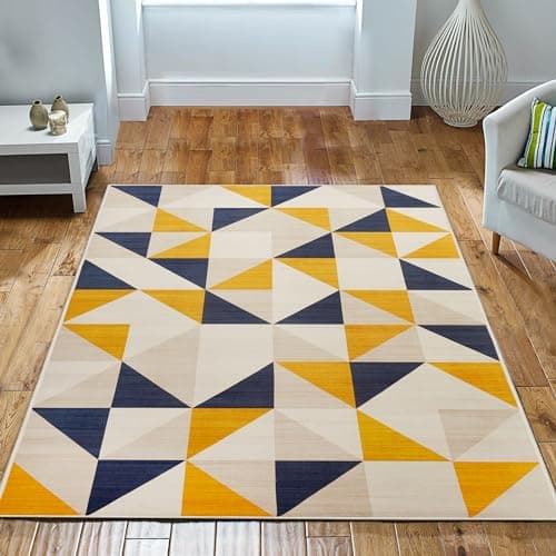 Image of Imperial Rooms Area Rugs for Bedroom - Rugs Living Room 120 x 170 Cm - Yellow Triangle Pattern Modern Floor Carpet Non Shedding Super Soft Rug Easy Care (Brio)