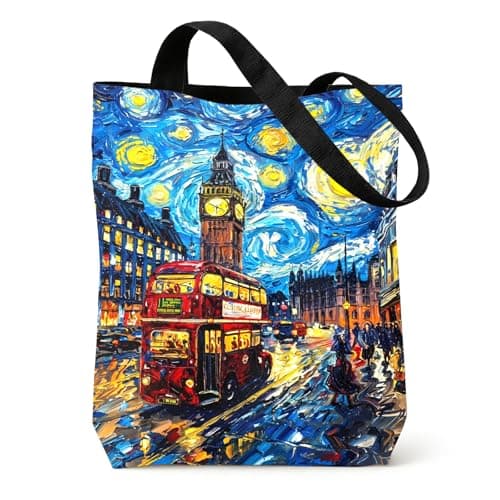 Image of London Canvas Tote Bag, Unique London Souvenirs Gifts, Starry Sky Printed Shoulder Bag, Reusable Shopping Bags Foldable for School, Travel, Work and Beach, British Gifts for Friends and Family