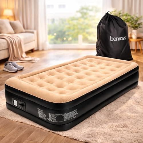 Image of Benross 88080 Single Airbed/Inflatable Air bed Mattress with Built-In Electric Pump/Comfortable Flocked Surface/Carry Bag & Repair Patch Included/For Camping or Home / 2m x 1m / Beige