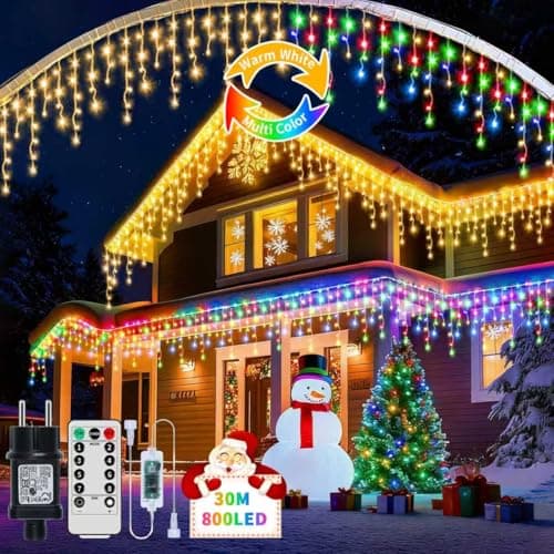 Image of RJEDL 3-in-1 Outdoor Christmas Icicle Lights, 25M+5M/98.5ft 800 LED Waterproof Icicle Fairy Lights with 8 Modes Remote Control and Dimmable, Plug in String Lights for Indoor Decor Warm+Multicolor