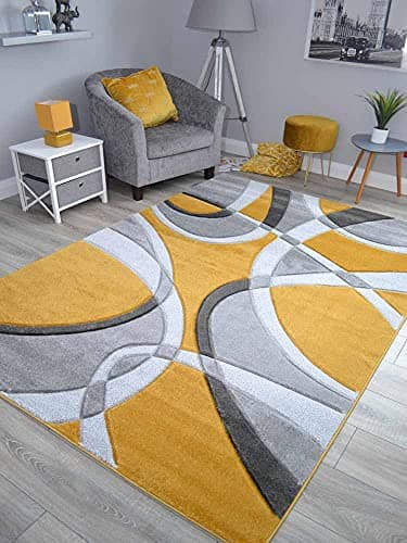 Image of New Hand Carved Ochre Gold Grey Mustard Black Silver Small Extra Large Size House Rugs Cheap (Mustard Silver Swirls, 80cm x 150cm)