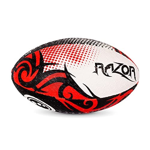 Image of Optimum Razor Rugby Ball - Perfect for Training & Gameplay, Great Flight & Air Retention, Rubber Dimpled Surface for Grip, 2-Ply 410g - Black/Red, Size 3