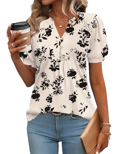 Image of Rapbin Women's Tops Casual V Neck Short Sleeve T-Shirt Tunic Shirts for Work Apricot Black Floral-M(UK 12-14)