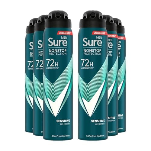 Image of Sure Men Nonstop Protection Sensitive Deodorant Body Spray Antiperspirant with a clean fragrance & body heat activated technology for 72 hour odour and sweat protection 250 ml, Pack of 6