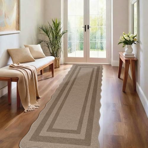 Image of Homcomodar Runner Rug for Hallway 65x240cm Non Slip Carpet Runners Washable Jute Look Kitchen Runner Rug for Hallways Kitchen Bedroom Entryway Laundry Room（Brown-Border）