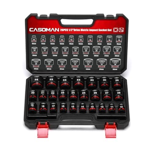 Image of CASOMAN 26-Pieces 1/2" Drive Shallow Impact Socket Set, 12-Point, Metric, 10mm - 36mm, CR-MO Steel, with Storage Case