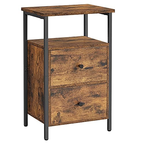 Image of VASAGLE Bedside Table, Sofa Table, Nightstand with 2 Drawers, Industrial, for Bedroom, Living Room, Rustic Brown and Black LET521B01